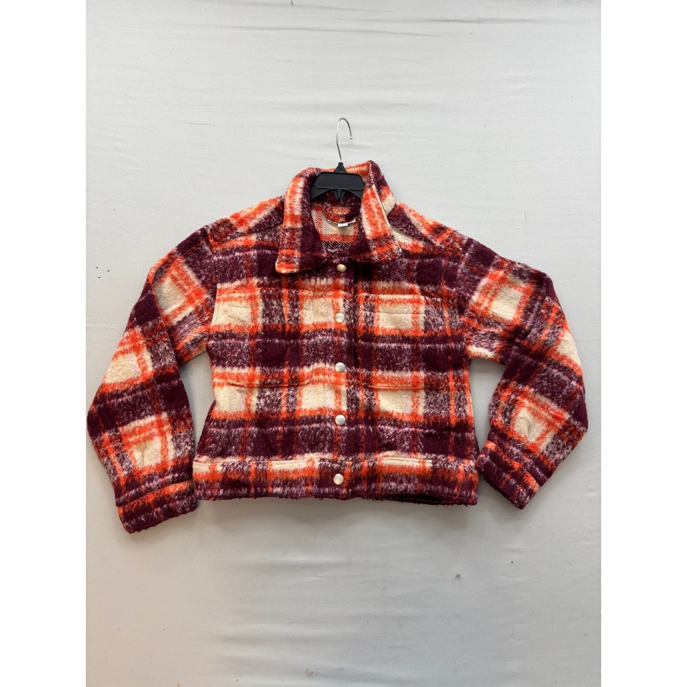 Sugar & Jade Girls Plaid Shacket Orange Purple Fleece Button Up Jacket L 12/14